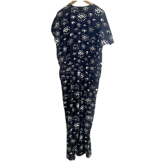 World Market Evil Eye Print Jumpsuit Size Large/XL Cotton Linen Blend Pockets - Picture 3 of 11